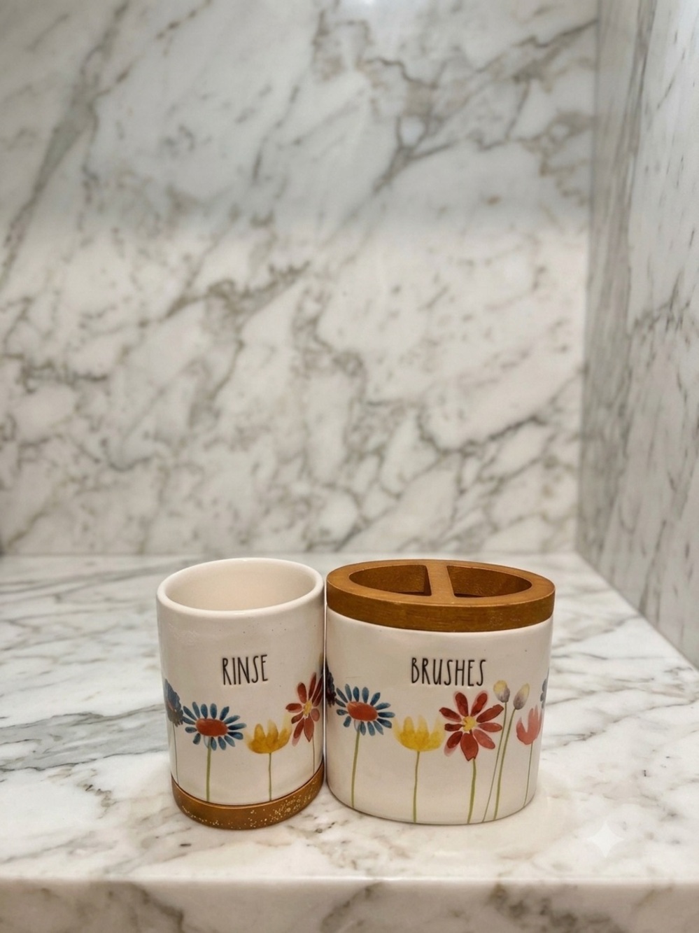 New Rae Dunn Rinse & Brushes Floral Ceramic Bathroom Set - White